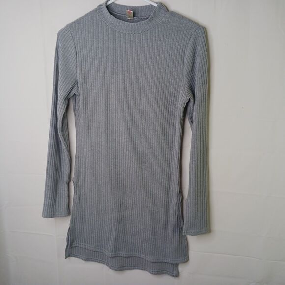 Elfin Mock Neck Dress Girls Large Gray Ribbed High Slit Long Sleeve Knit - Picture 1 of 10